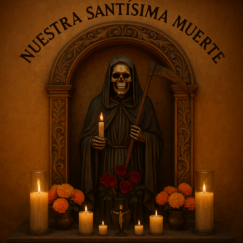 Santa Muerte altar with candles and roses inside devotional shrine