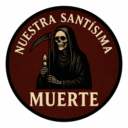 Logo of Nuestra Santísima Muerte featuring a black-robed Santa Muerte holding a candle and scythe.